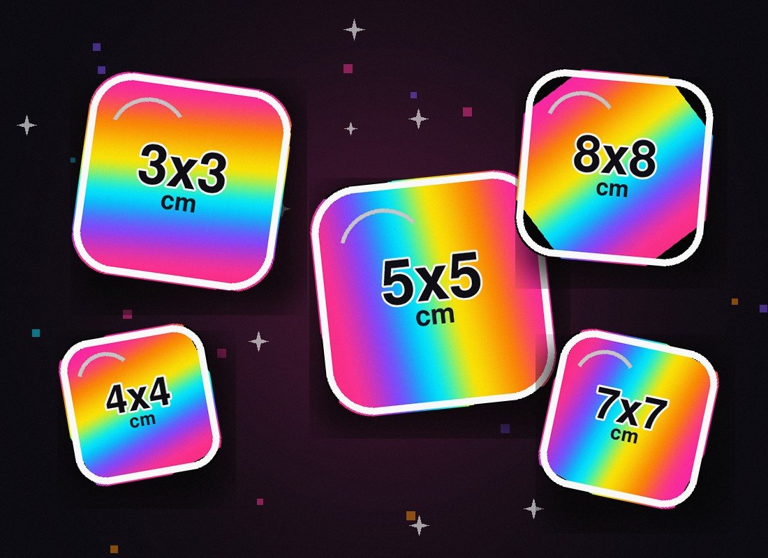 Cartela de adesivos holográficos em vários tamanhos: 3x3, 4x4, 5x5, 6x6, 7x7 e 8x8 cm